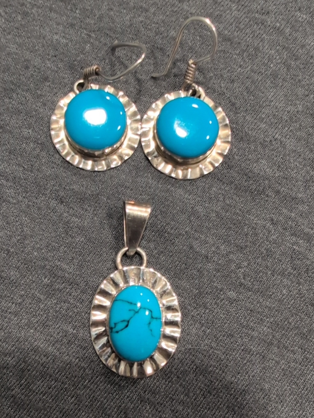 Turquoise Stone Sterling Silver Drop Earrings and Pendant Set